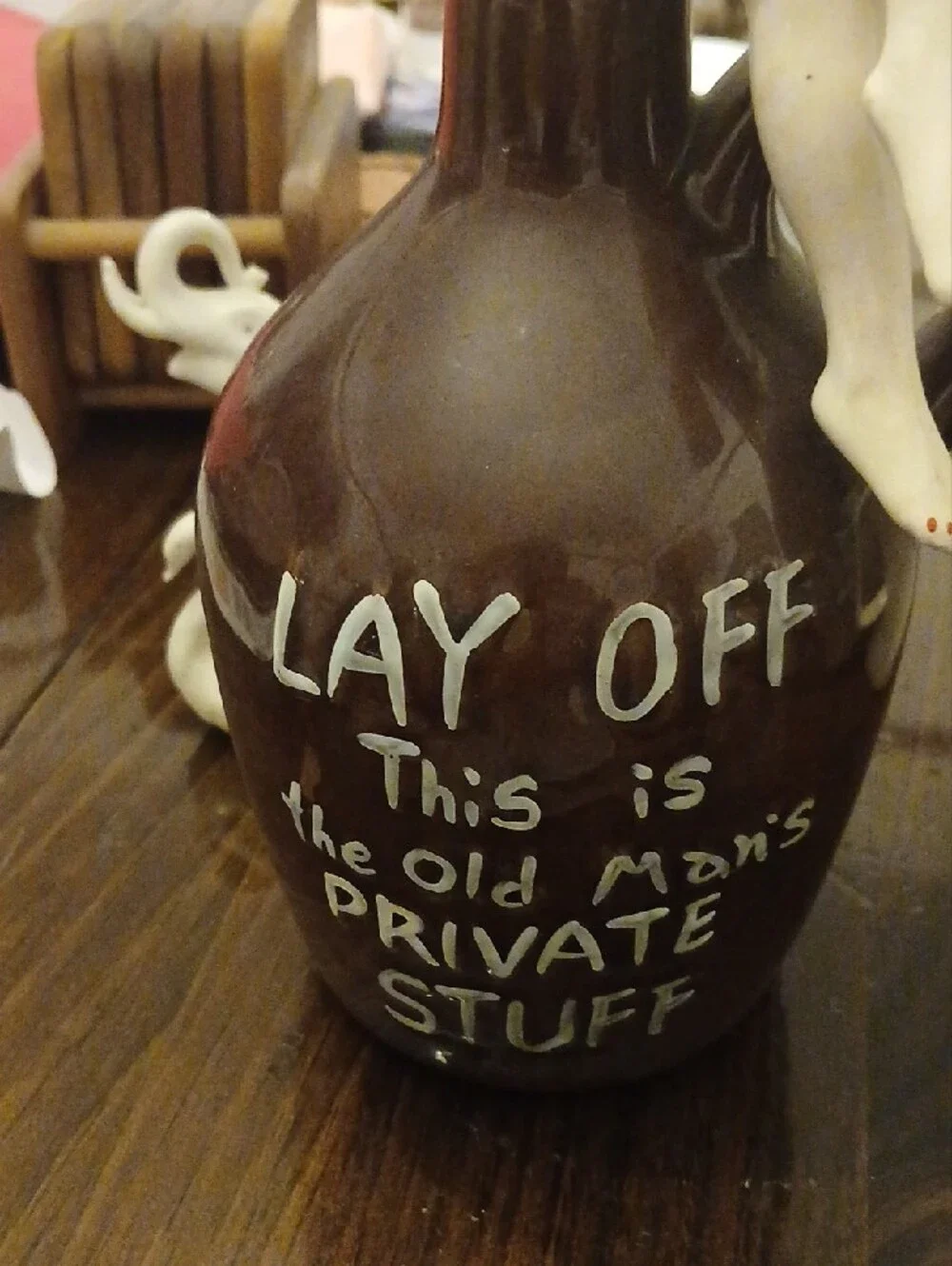 Vintage 1950 Brown Ceramic Decanter with White Figurine - Lay Off Private Stuff